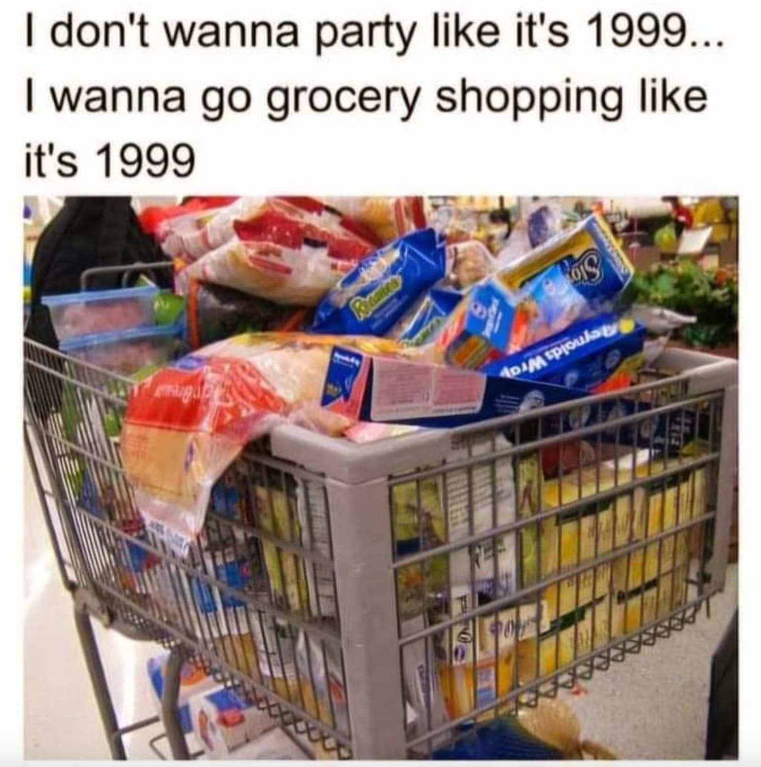 Internet meme - I don't wanna party it's 1999... I wanna go grocery shopping it's 1999 migu T